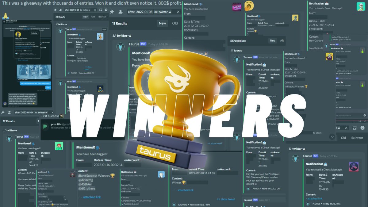 TaurusBots's tweet image. Our members are starting the year of as winners... literally 🏆 

NFTs, Giveaways, Group invites, Proxies and WL spots - Taurus wins them all. ✨