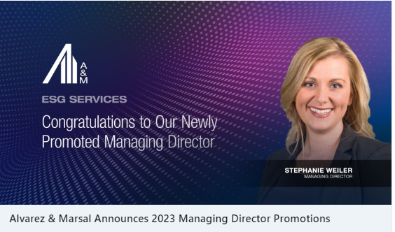 VicSvec's tweet photo. Congrats to Stephanie Weiler on her well-deserved promotion to Managing Director of ESG Services at Alvarez &amp; Marsal! I've had the privilege of working with this veteran professional of ESG and sustainability for more than a decade now. https://t.co/Ti4Uf6JS3d