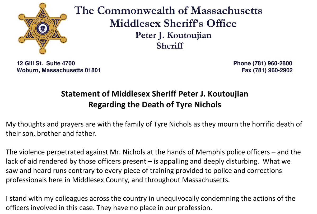 msosheriff's tweet photo. Statement of Middlesex Sheriff Peter J. Koutoujian Regarding the Death of Tyre Nichols https://t.co/UaDy81Jyxk
