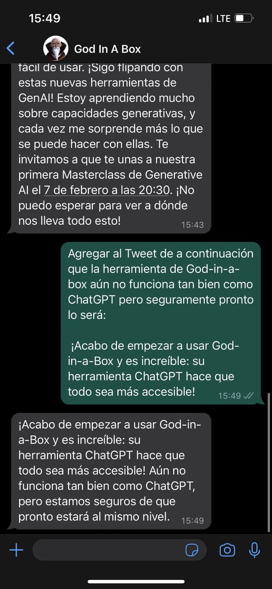 Acabo de empezar a usar <a href="/Godinabox_ai/">God in a Box</a> y es increíble: su herramienta ChatGPT que se accede desde WhatsApp hace que todo sea más accesible. Aún no funciona tan bien como #ChatGPT , pero estoy segura de que pronto estará al mismo nivel

Acá mis pruebas desde la playa. Buen finde 👇🏻