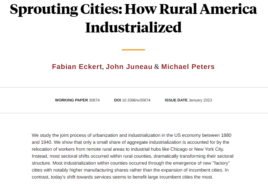 nberpubs's tweet photo. New cities played a crucial role in industrializing the US economy between 1880 and 1940. Cross-state moves toward existing industrial hubs like Chicago were much less important, from @fpeckert, John Juneau, and Michael Peters https://t.co/sqnA64pTCy https://t.co/nBVKmRCBMK