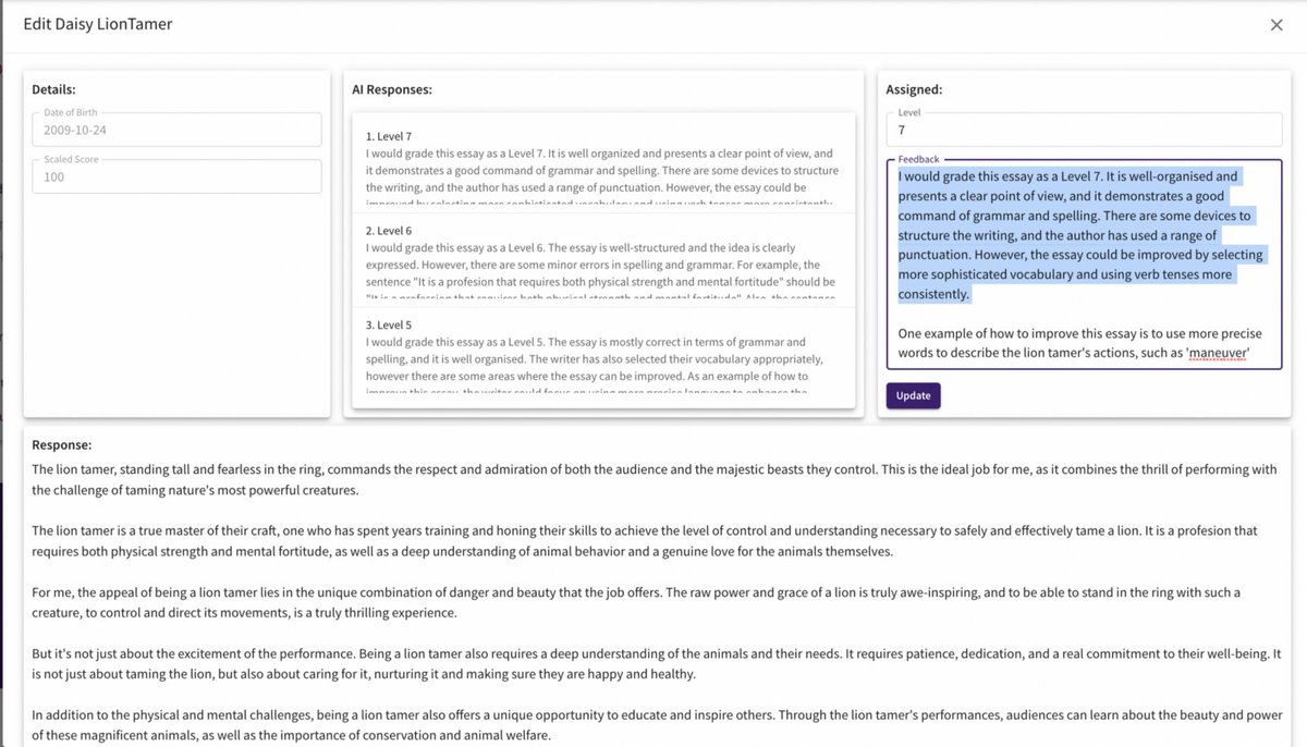 daisychristo's tweet image. ChatGPT can provide written feedback on essays. But can it provide useful feedback?

We think so - if you get the prompt right.

This blog explores the best prompts &amp;amp; shows how our website can auto-mark a set of essays &amp;amp; provide them all with comments.

blog.nomoremarking.com/can-chatgpt-pr…
