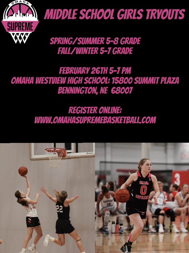 🚨Attention Middle Schoolers🚨
*We are having a tryout for middle school girls! February 26th 5pm-7pm at Westview High School.
*Current 5th-8th graders for Spring/Summer and current 5-7th graders for Fall/Winter
*Registration is now open: omahasupremebasketball.com/copy-of-regist…
Come be SUPREME!