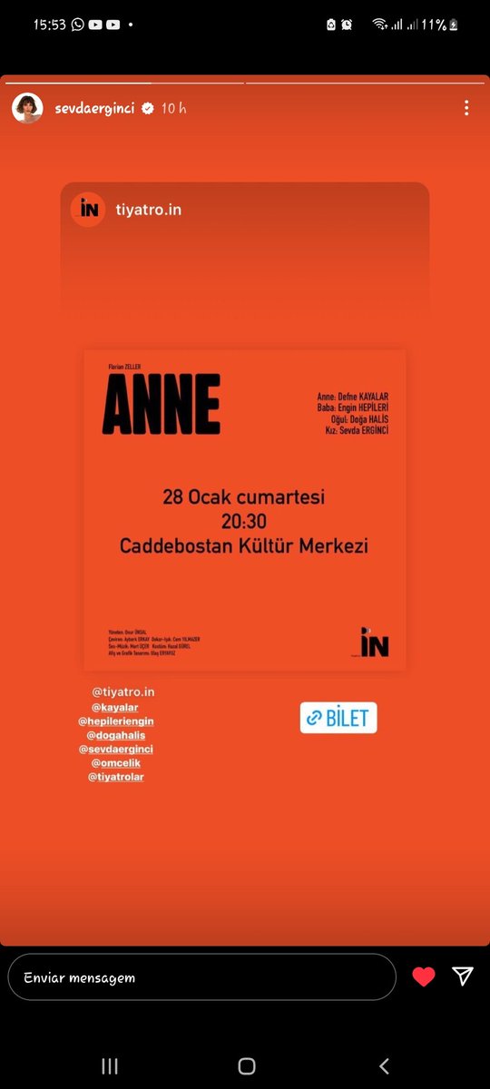 📸| Sevda via Instagram stories 
Sábado, 28 de janeiro 20:30 Centro Cultural Caddebostan De Aden 
 <a href="/TiyatroiN/">TiyatroiN</a> <a href="/kayalar/">defne kayalar 🏳️‍🌈</a> @hepiteriengin <a href="/dogahalis/">Doğa Halis</a> @omcelik @tiyatrolar

• #SevdaErginci| • <a href="/sevdaaerginci/">sevdaerginci</a>