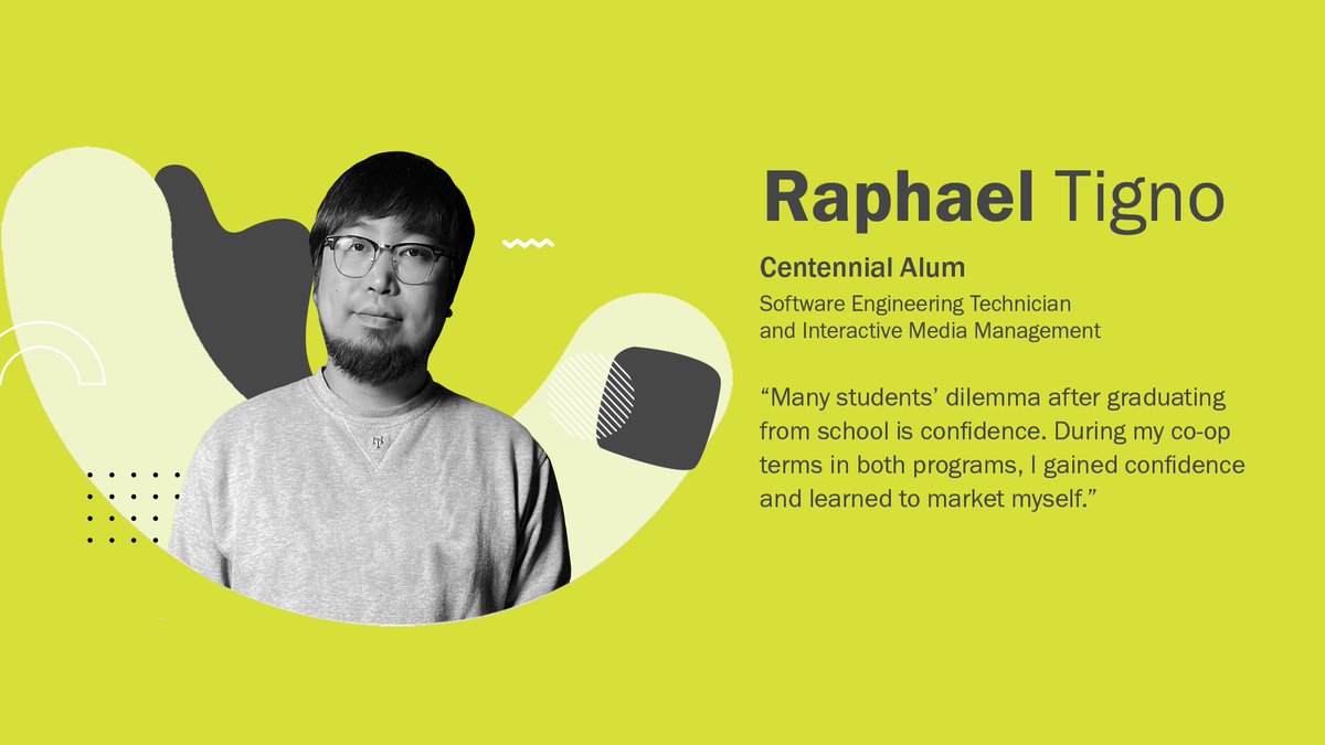 CentennialEDU's tweet photo. After attending the Software Engineering Technology program & the Interactive Media Management program, #CentennialGrad Raphael Tigno launched & advanced his career — as a Centennial employee! Read more about Raphael's journey that #StartedAtCentennial. ➡️ https://t.co/KQWkMB5T9F https://t.co/yZxFAuauir