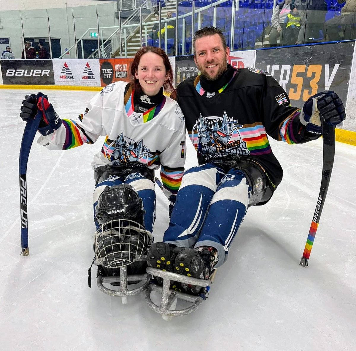 Fun evening playing in @SteelkingsPIH #Pride game last night. 

I love how the black jerseys turned out! 😍 

Stick tap to @PrideTape for the sweet tape too!

#HailToTheKings 👑
#EIHAPride #ParaIceHockey #HockeyIsForEveryone #IceHockey #HockeyFamily #Sheffield #YouCanPlay #LGBTQ