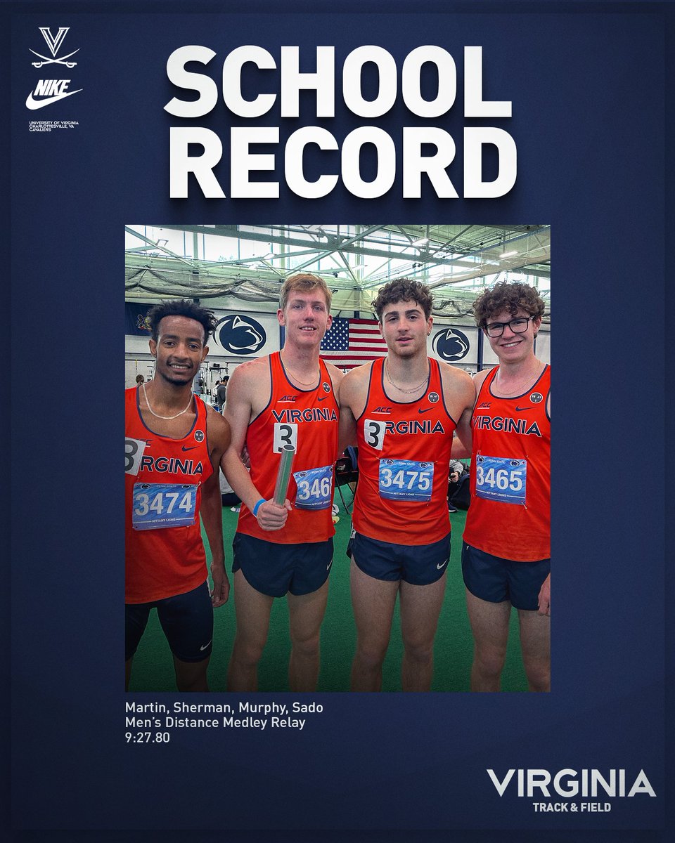 UVATFCC's tweet photo. 🚨 NATIONAL LEAD 🚨

Gary Martin, Alex Sherman, Conor Murphy and Yasin Sado win the men's DMR with a time of 9:27.80 that leads the nation and sets a UVA school record 🔥

#GoHoos⚔️ https://t.co/RKUPRVZeK6