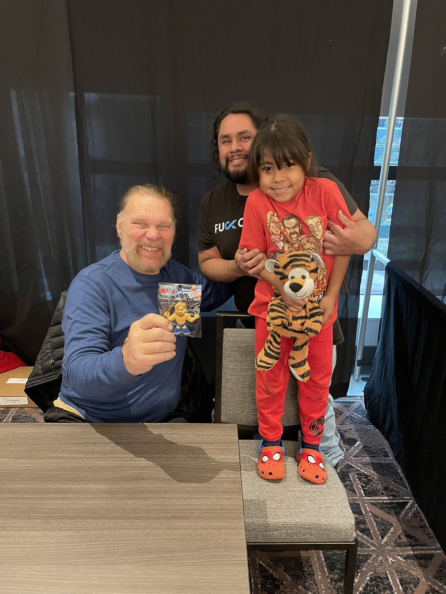 PauknRoses's tweet image. Went to Destination @WrestleCon with my baby cousin and got to meet @RealHacksawJim and sign my #microbrawler  #wrestlecon #royalrumble2023 #Fuckcancer
