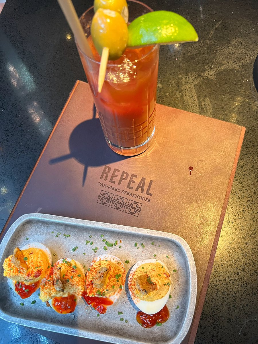 bourbonblog's tweet photo. Quite a #Kentucky Brunch! Pimento Cheese whipped into the deviled eggs to start with a Bloody Mary ... and the #Bourbon might be in here where you aren't expecting it at #HotelDistil 's #RepealOakFiredSteakhouse in #Louisville https://t.co/p3HI87btZX