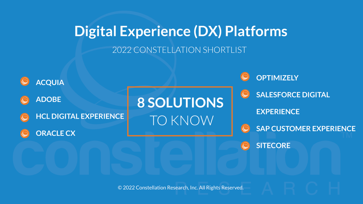 Congrats to the companies listed on the Constellation ShortList for Digital Experience (DX) Platforms by <a href="/lizkmiller/">Liz Miller</a> bit.ly/3SBzEE0 <a href="/acquia/">Acquia</a> <a href="/Adobe/">Adobe</a> <a href="/HCLSoftware/">HCLSoftware</a> <a href="/Oracle/">Oracle</a> <a href="/Optimizely/">Optimizely</a> <a href="/Salesforce/">Salesforce</a> <a href="/SAP/">SAP</a> <a href="/Sitecore/">Sitecore</a>