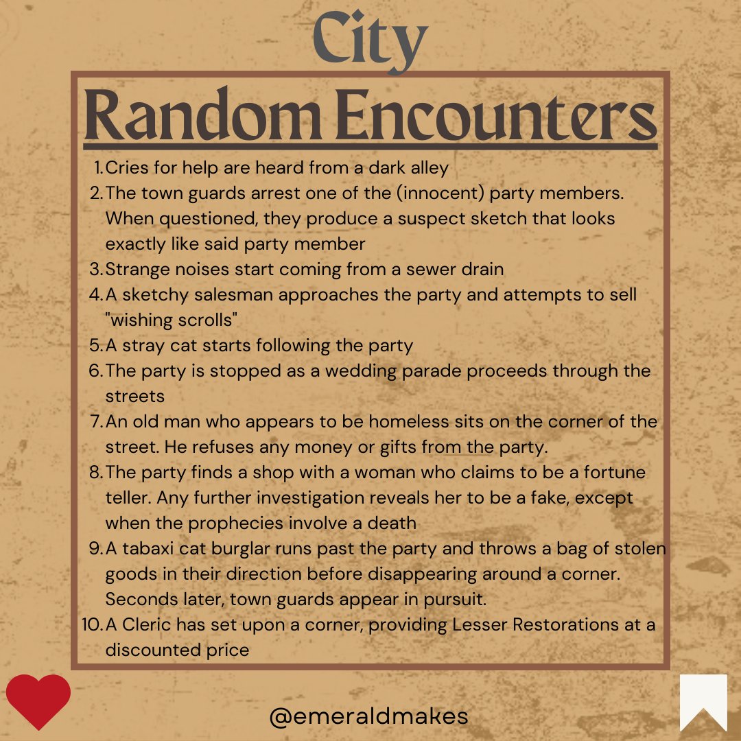 EmeraldMakes's tweet photo. 🏙 𝘾𝙞𝙩𝙮 𝙍𝙖𝙣𝙙𝙤𝙢 𝙀𝙣𝙘𝙤𝙪𝙣𝙩𝙚𝙧𝙨 🌃

Cities are filled with a mix of people with different motives and morals. Who knows what could happen with that many people in one space.

#dnd5e #ttrpg https://t.co/TPBRxiqwxf