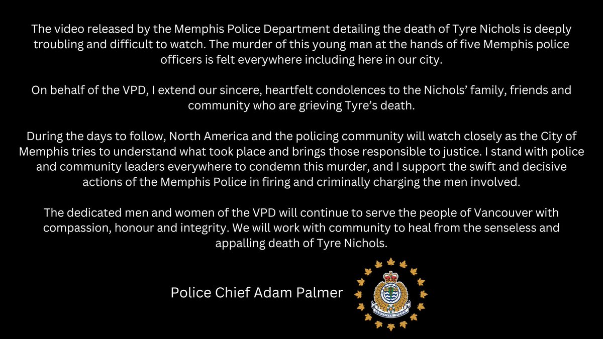 VancouverPD's tweet image. A message from Chief Adam Palmer regarding the tragic and horrific death of Tyre Nichols.