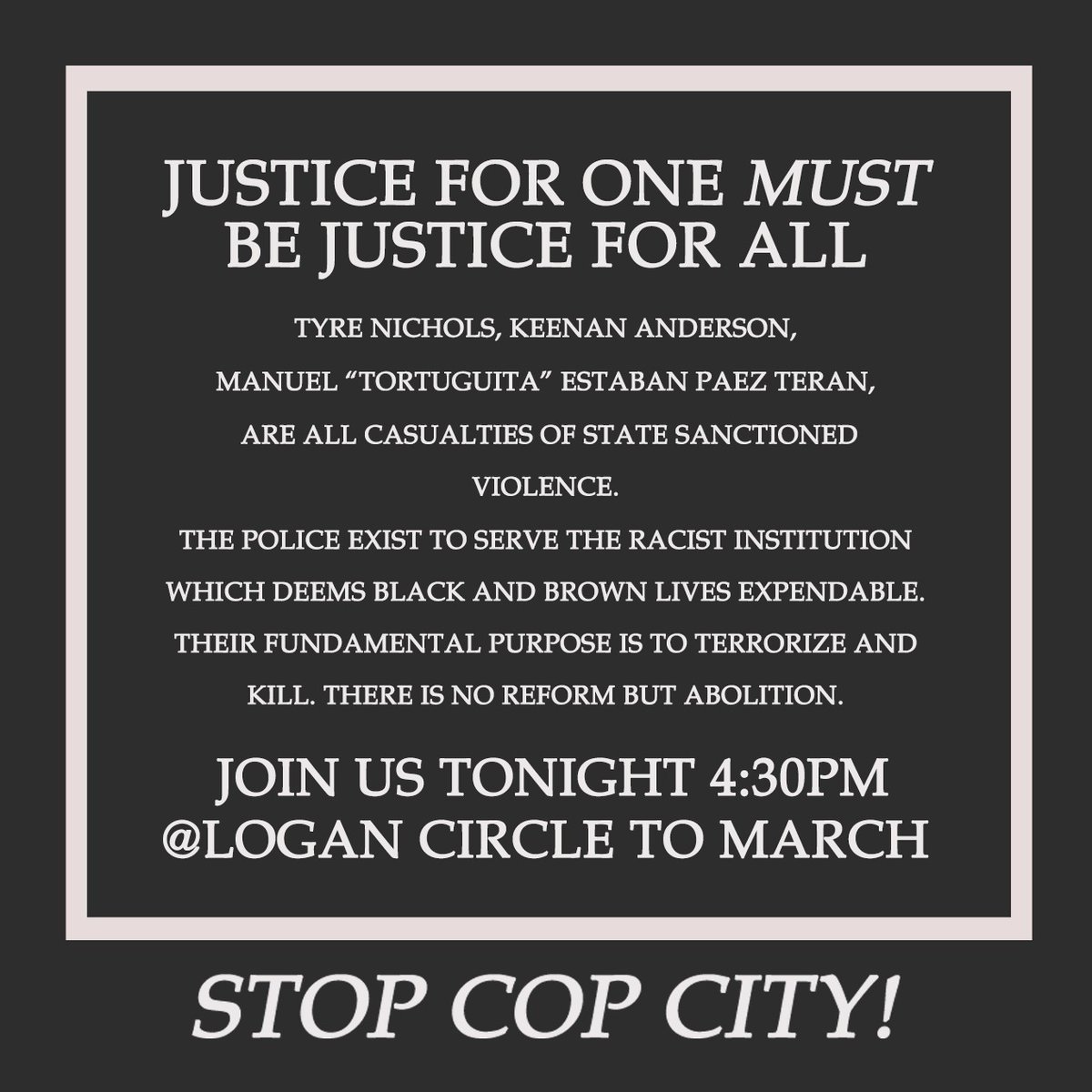 BiteBackDC's tweet photo. Tyre Nichols, Keenan Anderson, and Tortuguita were all murdered by the police. The construction and operation of cop city supports their violence nationwide. Together we can dismantle this killing machine in DC, Atlanta, and everywhere. https://t.co/4hV4YvbG62