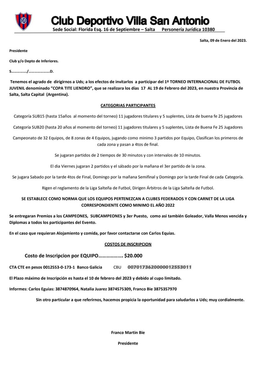 CDVSanAntoniook's tweet photo. #Fútbol ⚽️ | El Club realiza la invitación formal a todos los clubes federados a la participación del primer "TORNEO INTERNACIONAL COPA TITE".

En Categoría Sub 15 y 20 

Se jugará del 16 al 19 de Febrero en las canchas auxiliares del Estadio Martearena. https://t.co/V5EhHYGmqW