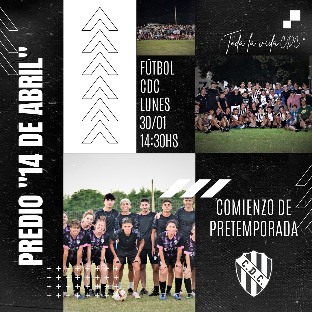 PRETEMPORADA 2023
⚽FÚTBOL CDC⚽

◾Este lunes 30 de enero a las 14:30hs se dará inicio oficial a la pretemporada 2023 con la presentación oficial de los cuerpos técnicos de 1ra, Reserva, 4ta, 5ta, 6ta y Fútbol Femenino en el predio "14 de Abril"

TODA LA VIDA CDC⚪⚫
