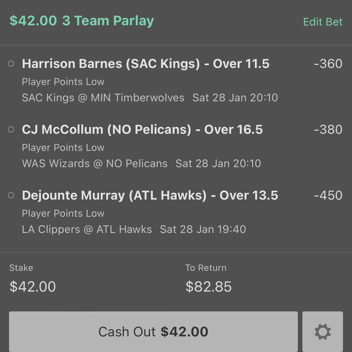 Lex_Locks's tweet photo. #NBA

Free Lock, Low-Risk Parlay 🔐: 

• Cj Mccollum Over 16.5+ points
• Harrison Barnes Over 11.5+ points
• Dejounte Murray Over 13.5+ points

I love this Parlay. Simple &amp; Clean, Lets Bank yall 💰🤝

#GamblingTwitter #NBAtwitter #nbaparlay #PlayerProps https://t.co/TFw1d0RFUN