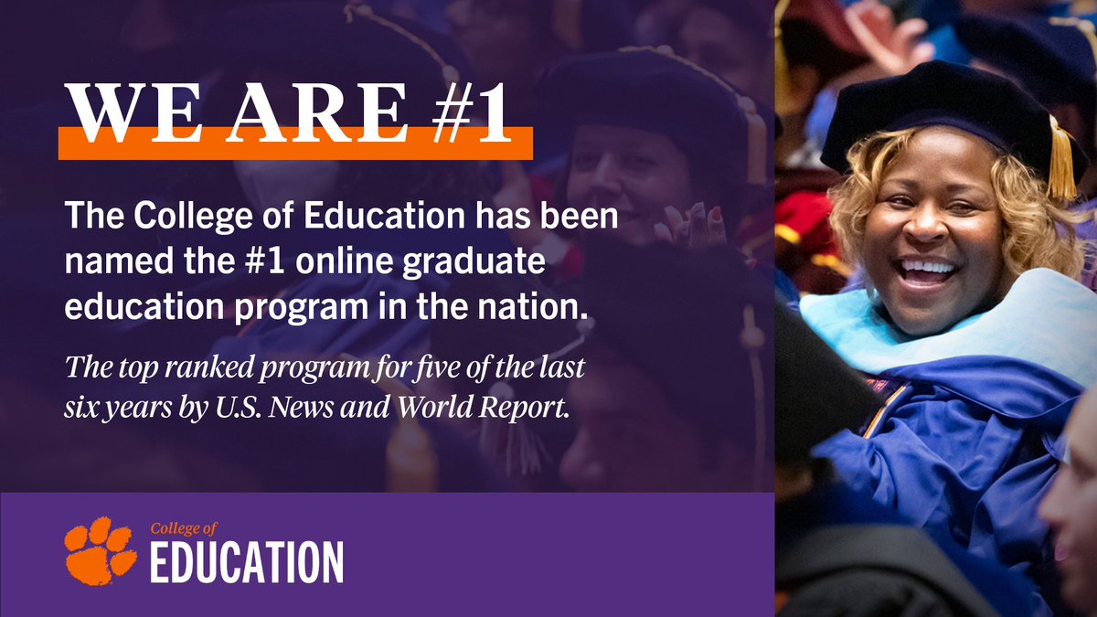 The COE's #1 ranking for online graduate education tells the state and nation that "Clemson alumni are among the best prepared educators available." Learn more! 
bit.ly/3XxAVy8
<a href="/EducationSC/">S.C. Department of Education</a> <a href="/usnews/">U.S. News & World Report</a> <a href="/SCASAnews/">SCASA</a> <a href="/loveSCschools/">SC ASCD Leaders</a> <a href="/AACTE/">AACTE</a>