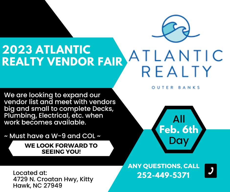 AtlanticRealOBX's tweet image. ALERT! We are hosting a VENDOR FAIR here at Atlantic Realty on Monday, February 6th! Please stop by/shARe this post! #vendorfair #tistheseason #meetandgreet #weAReOBX