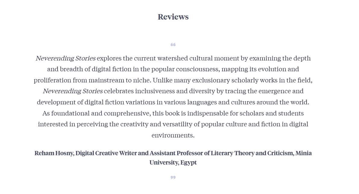 Reham Hosny (@reham_hosny_s) on Twitter photo Happy to see Neverending Stories by Lyle Skains (Bournemouth University) published by Bloomsbury Publishing. It was a great pleasure to be invited to endorse this significant book.
bloomsbury.com/us/neverending… <a href="/eliterature/">Electronic Lit. Org</a> <a href="/BloomsburyAcad/">Bloomsbury Academic</a> <a href="/lskains/">@lskains@mas.to</a> Happy to see Neverending Stories by Lyle Skains (Bournemouth University) published by Bloomsbury Publishing. It was a great pleasure to be invited to endorse this significant book.
bloomsbury.com/us/neverending… <a href="/eliterature/">Electronic Lit. Org</a> <a href="/BloomsburyAcad/">Bloomsbury Academic</a> <a href="/lskains/">@lskains@mas.to</a>