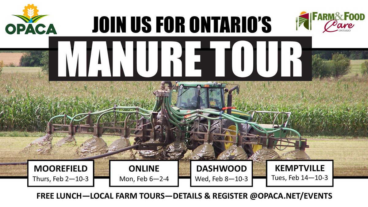 Hey #OntAg, still some spots left on the MANURE TOUR! Don't miss out - we've got a great line-up of panelists and farm tours! And @OntarioSoilCrop KSE credits. More info at opaca.net/events.