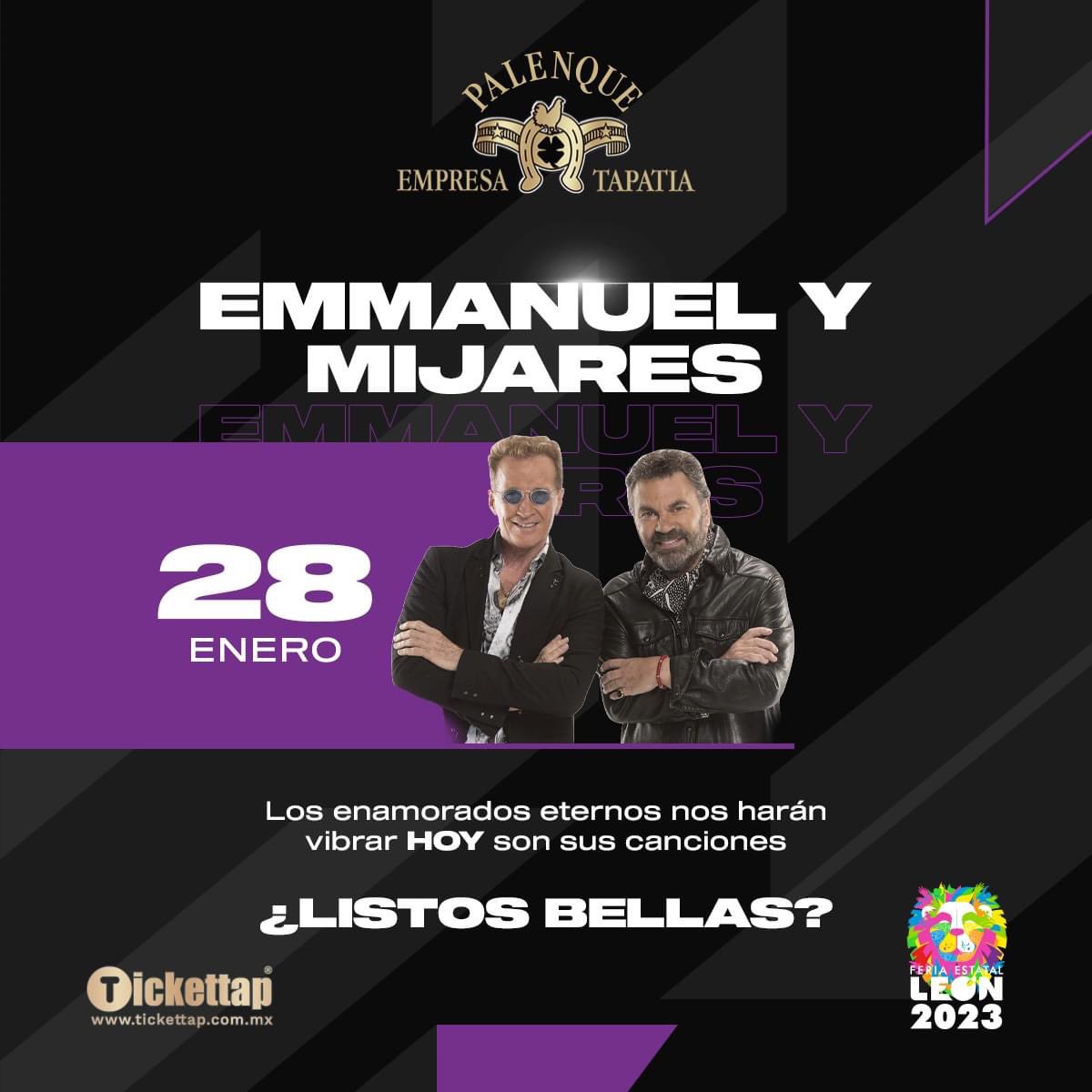 Llegó el día de cantarle al amor con @EmmanuelOficial y @MijaresOficial 🙌
#EmmanuelyMijares #TworAmigos #PalenqueEmpresaTapatia #PalenqueLeón2023 #FeriaEstatalLeón2023 #LaFeriaQueNosUne 🤝 #AllAccessMexico 🌎