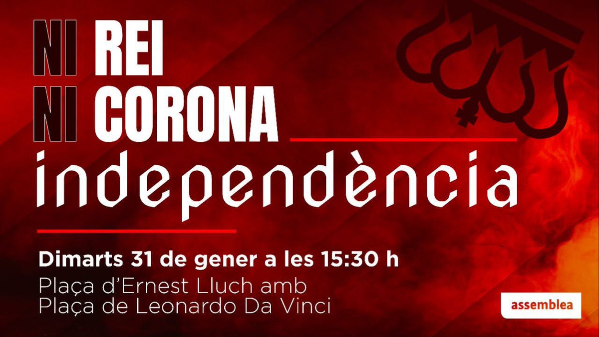 ⬛️⬜️ El pròxim dimarts, el rei espanyol farà un acte a Barcelona per fer entrega dels despatxos als nous jutges. 

Tothom a les 15:30h al Fòrum a demostrar una vegada més que no és benvingut a la nostra terra!

🕘 Dimarts 31 de gener, 15:30h
📍 Plaça Leonardo Da Vinci