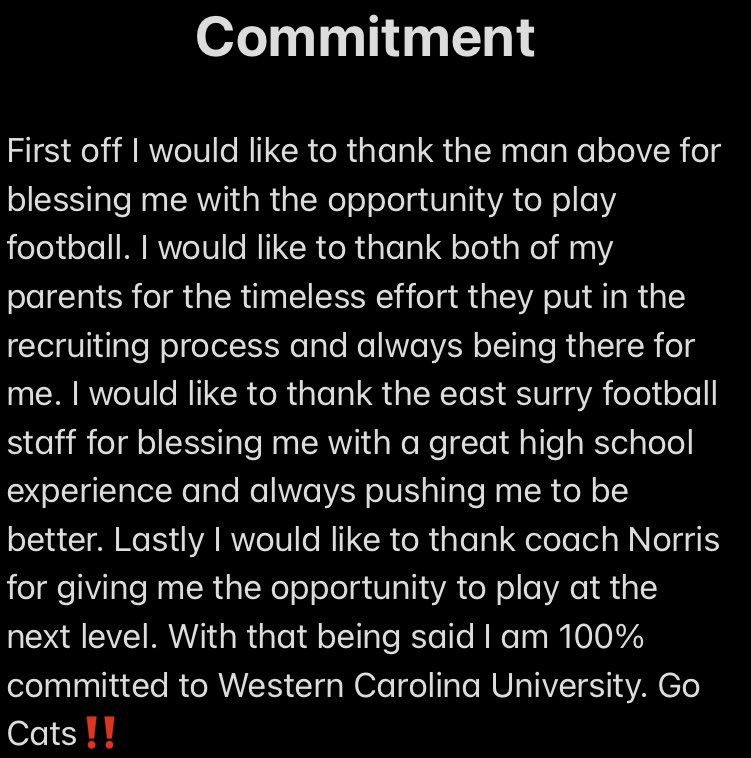 stephenB2023's tweet photo. 100% Committed to Western Carolina ‼️ Let’s work‼️@CoachKerwinBell @coachnorris38 @ES_CardinalsFB @Coach_LowmanES @KohlsKicking @CatamountsFB @CoachDanZeidman https://t.co/XOzi8SI0wL