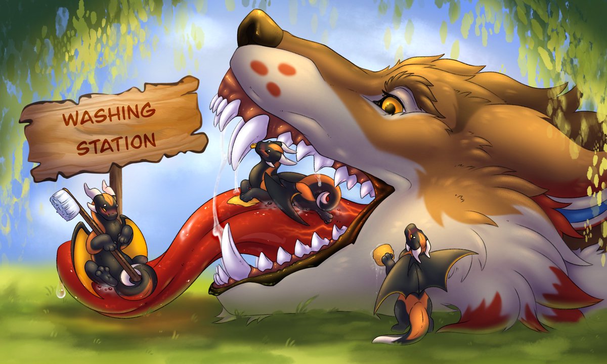 aowolfie's tweet photo. Even Dusk needs some love, care and affection now and then. Thankfully he found a washing station that was more than happy to help~

A very cute YCH done by Griseo.
You can find them on FA: https://t.co/WMhiupaPzx https://t.co/7PQfS1JgMh