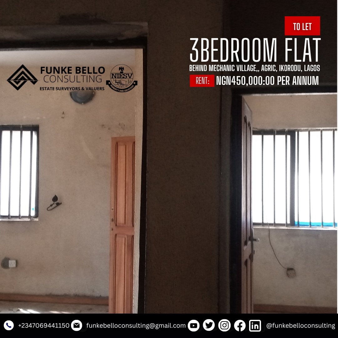 funkebellocons1's tweet photo. TO LET IN IKORODU

A 3Bedroom Flat located behind Mechanic Village, Agric, Ikorodu, Lagos available for rent.

NGN450K per annum. https://t.co/vOQ9vKuHbH
