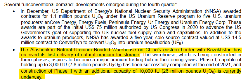 quakes99's tweet image. In yesterday's release Kazatomprom $KAP gave an update on that 60 Million lbs storage facility and trading hub being built along the shared border with #China, to be filled with #Kazakstan's #uranium.🇰🇿⚛️🛢️ First delivery was completed in Q4/2022, now in Phase II expansion.🏦🇨🇳👇