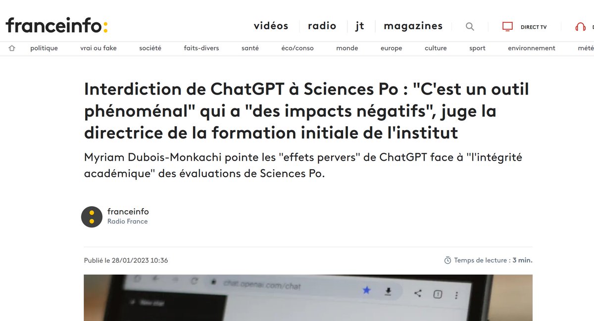 La stricte interdiction de #ChatGPT à Sciences Po révèle que cette école se sent menacée par une IA qui est capable de construire de belles phrases à partir de tout sujet, sans comprendre de quoi elle parle, et en faisant régulièrement des erreurs grossières.