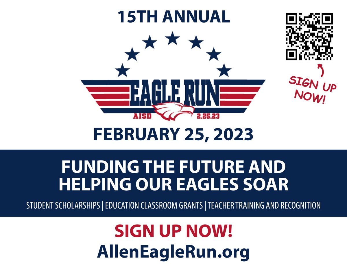 It's time to get excited for the 15th Annual Eagle Run charity race benefitting the Foundation for Allen Schools on Feb. 25! Register by midnight, Friday, Feb. 3, before the price increases. Learn more and register now! alleneaglerun.org