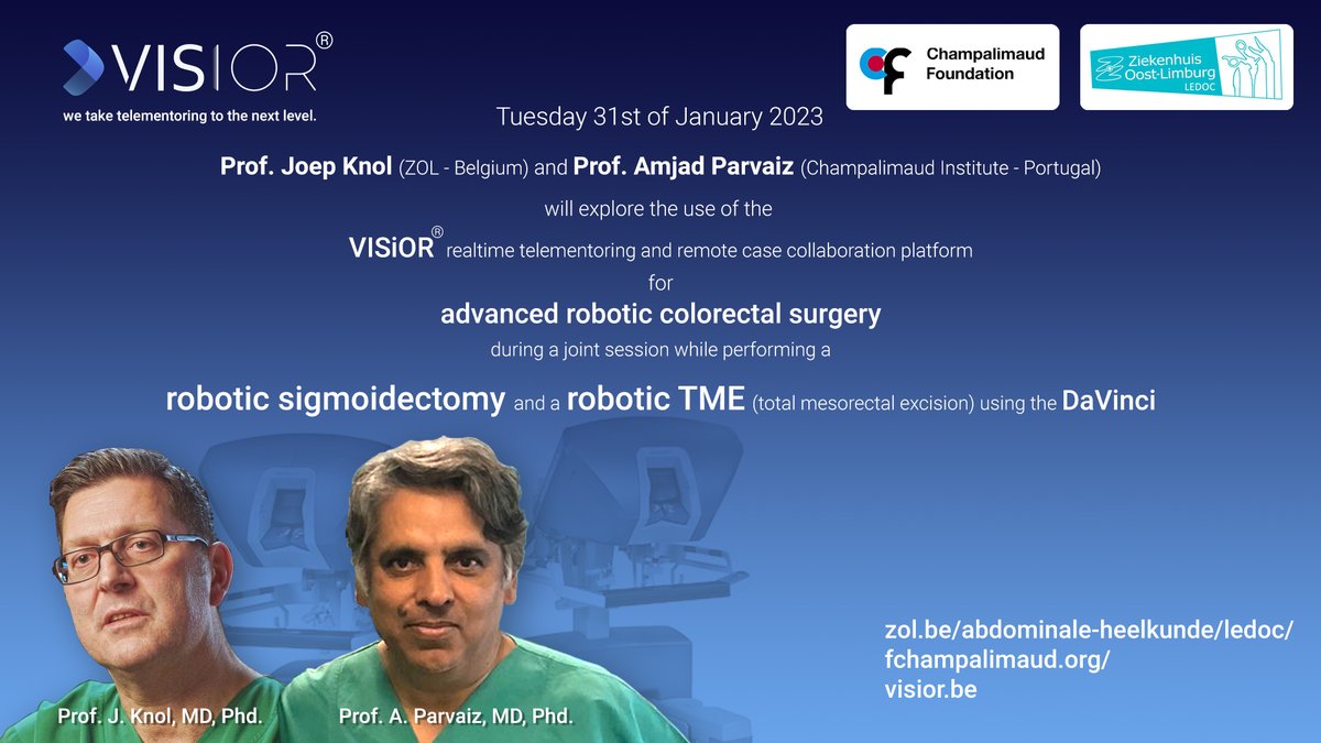Next Tuesday,January 31st <a href="/ZOLziekenhuis/">ZOL</a> <a href="/KnolJoep/">Joep Knol MD, PhD</a> will explore the use of <a href="/VISIOR_RS/">VISiOR</a> 
during a joint session for advanced robotic colorectal surgery (robotic sigmoidectomy &amp; robotic TME) together with Prof. A. Parvaiz from <a href="/ChampalimaudF/">ChampalimaudF</a> !