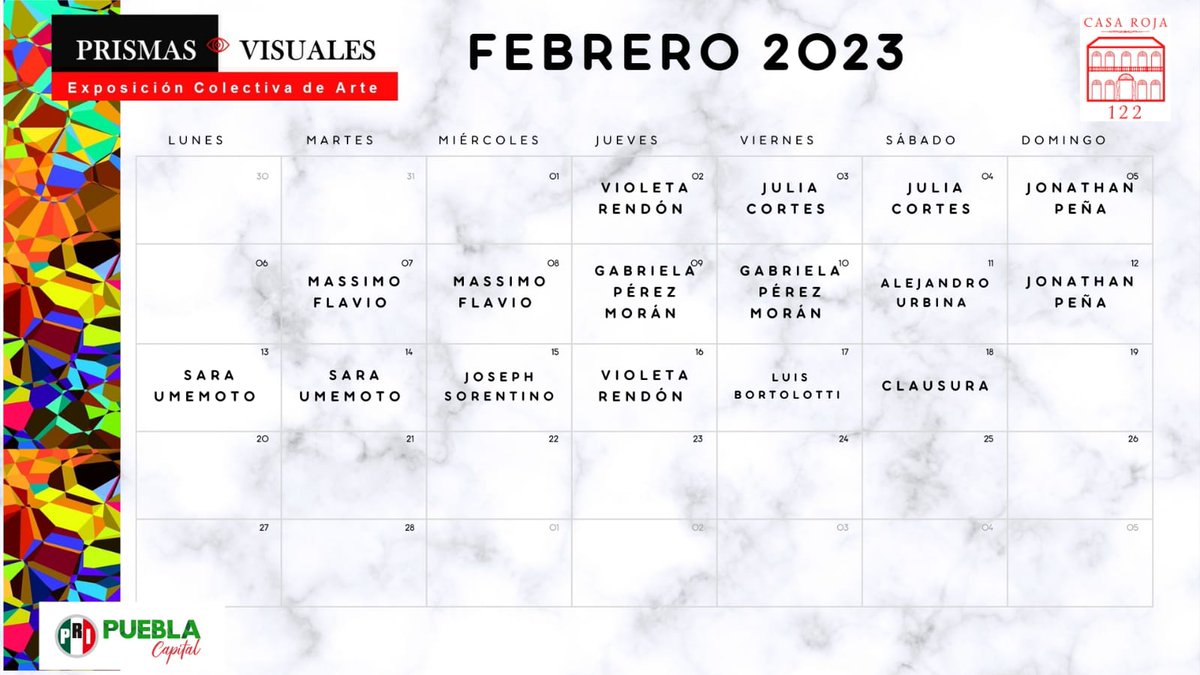 SebHOrozco's tweet photo. 🎨 Te presentamos el calendario de los artistas que participan en  #PRIsmasVisuales! Para el @PriPueblaCapi es una prioridad compartir Arte y Cultura a nuestra sociedad. 

¡Visítanos, no te lo pierdas!! 👊🏾 https://t.co/fEkijKYnSj
