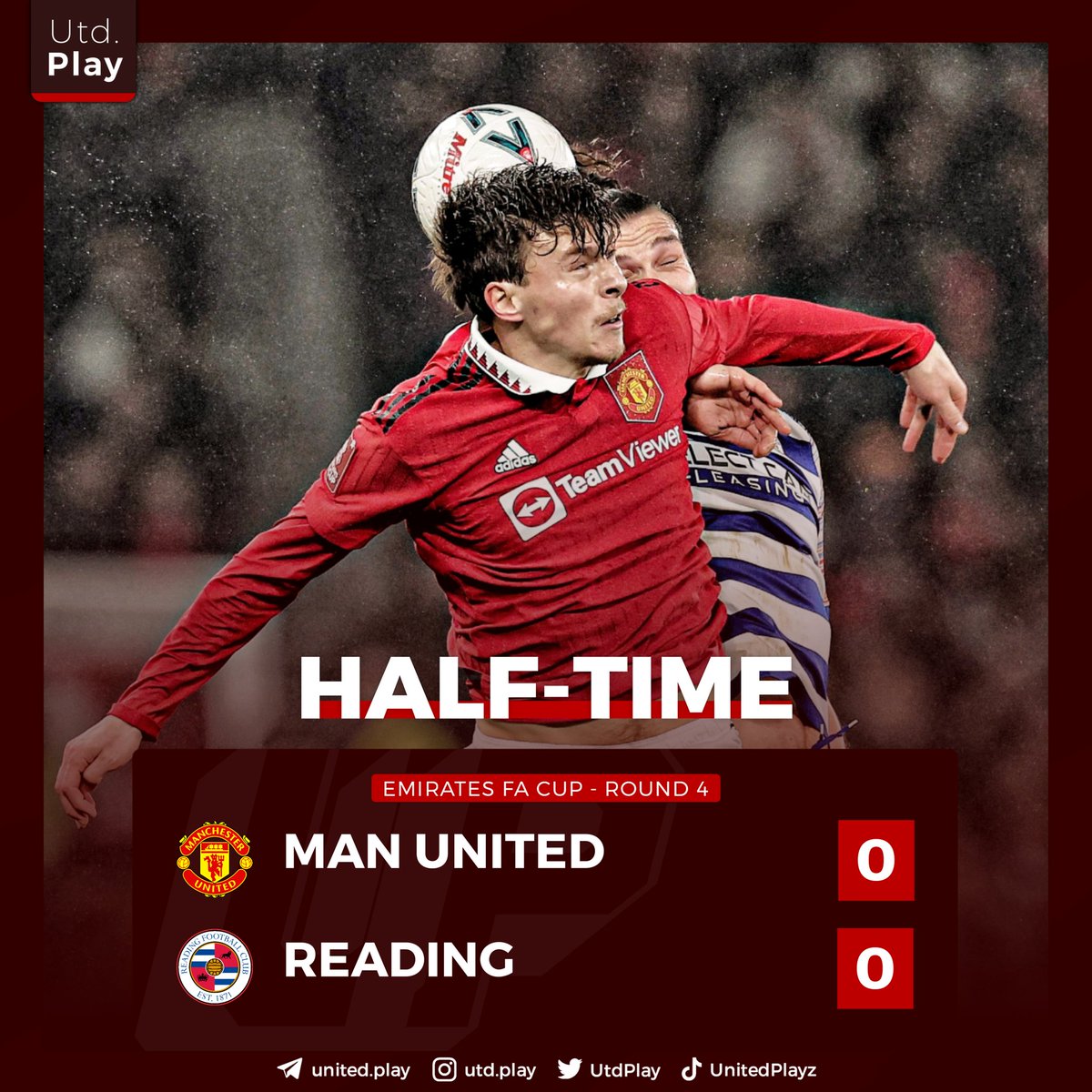 utdplay's tweet image. Halftime. Skor masih kaca mata di babak pertama, 0-0! #MUNREA

Come on United! 🔴👊 #EmiratesFACup