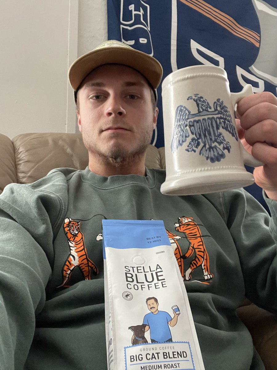 GabeSchwarz's tweet photo. First couple sips of Stella Blue Coffee. @BarstoolBigCat great product, would recommend to anyone. @PardonMyTake #stoolie https://t.co/3NRHSm5pvA
