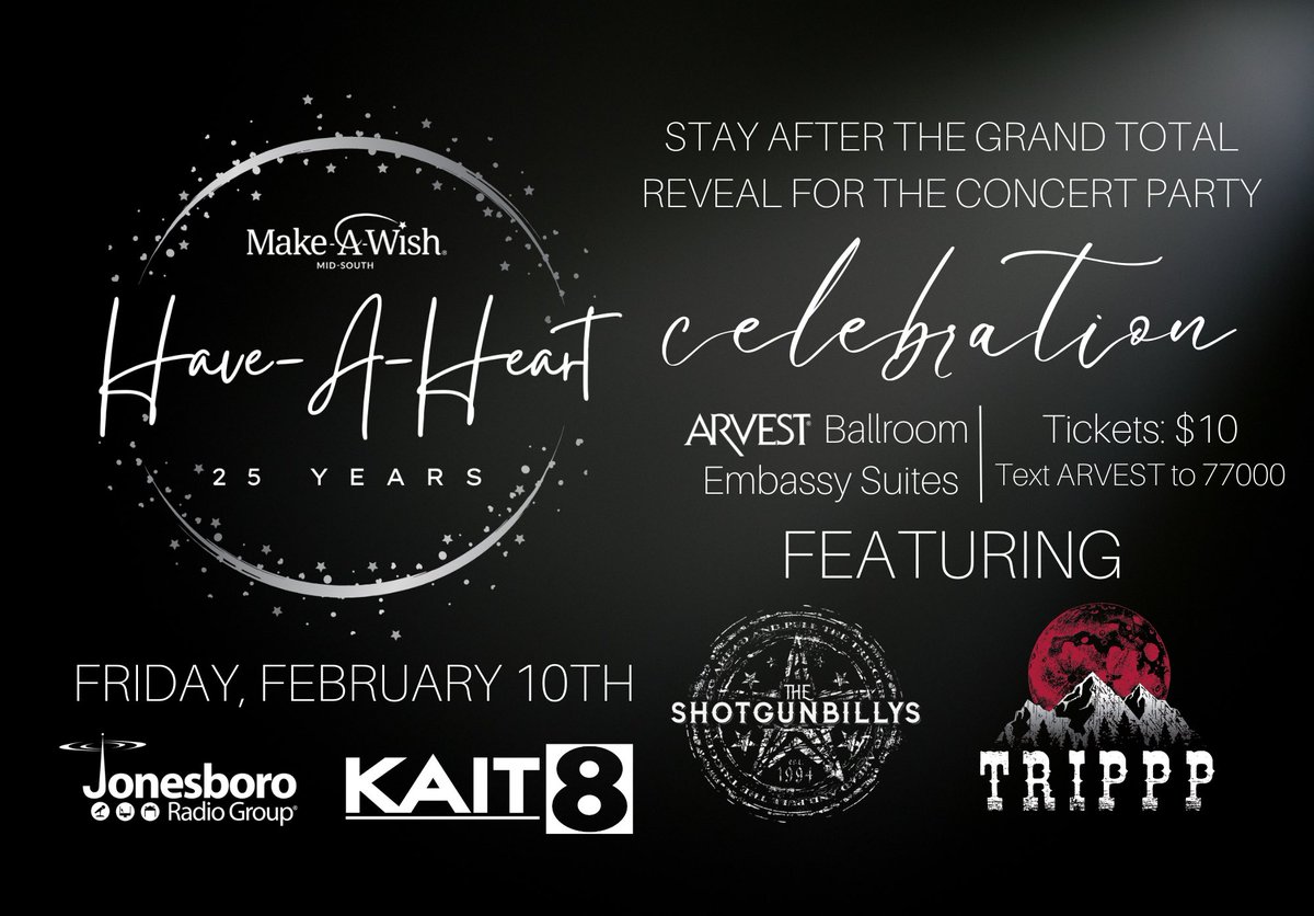 Honored to be invited to play a fundraiser for <a href="/MakeAWishMidS/">Make-A-Wish Mid-South</a> back home at Embassy Suites in Jonesboro on Feb 10th. The ShotGunBillys play at 7:00pm and we take the stage from 8:30pm - 10:00pm. Tickets are just $10. Get tickets at the link in our bio or text ARVEST to 77000🤘🏻