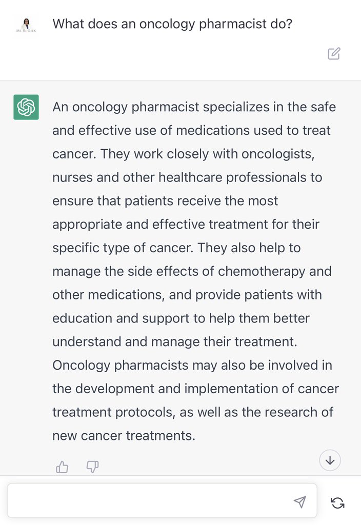 aisha_Pharmd's tweet photo. I asked ChatGPT what does an oncology pharmacist do &amp; this was the response. Couldn’t have said it better myself! #oncologypharmacist #rxoncology https://t.co/oAaekVrtcR