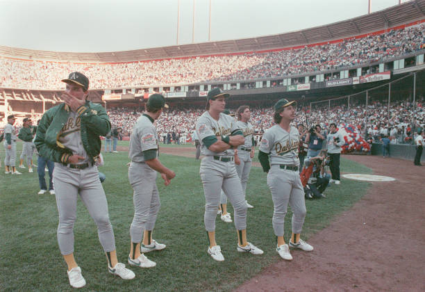 Oakland Athletics players wait on the field at Candlestick Park just after the Loma Prieta earthquake suspended World Series game three. Karen T. Borchers-San Jose Mercury News