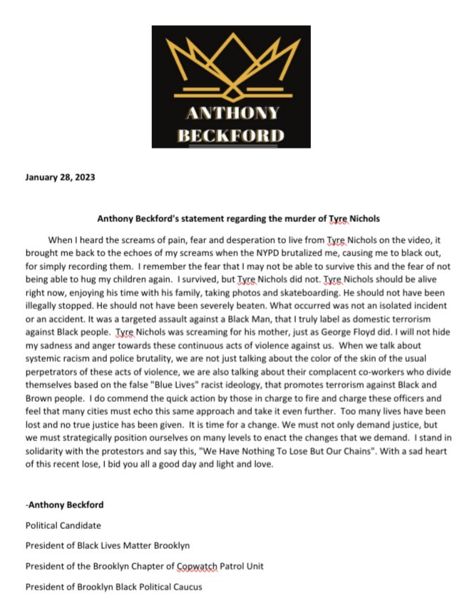 Statement from our President, Anthony Beckford on the murder of #TyreNichols