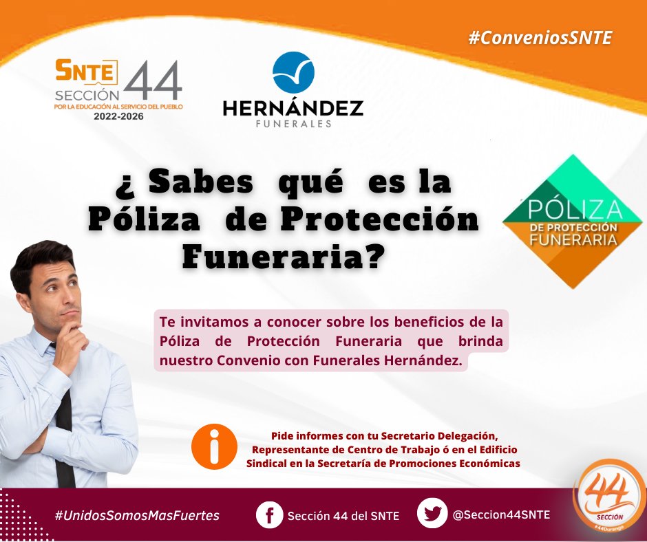 Seccion44SNTE's tweet photo. #𝕊ℕ𝕋𝔼𝕊𝕖𝕔𝕔𝕚𝕠𝕟𝟜𝟜🟠
#𝟜𝟜𝔻𝕦𝕣𝕒𝕟𝕘𝕠🦂
#ℂ𝕠𝕟𝕧𝕖𝕟𝕚𝕠𝕤𝕊ℕ𝕋𝔼

Te invitamos a conocer en qué consiste la Póliza de Protección Funeraria que como agremiado a la Sección 44 tienes la oportunidad de adquirir en Convenio con Funerales Hernández. https://t.co/NB2PLR67S3