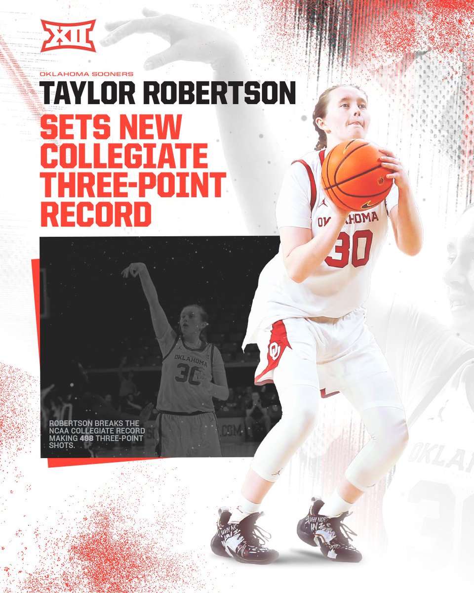 Big12Conference's tweet photo. Taylor Robertson - the 3-Point Queen ๐
Big 12 Record โ
Oklahoma Record โ
NCAA Record โ
#Big12WBB x @OU_WBBall https://t.co/HEAUDgYWD8
