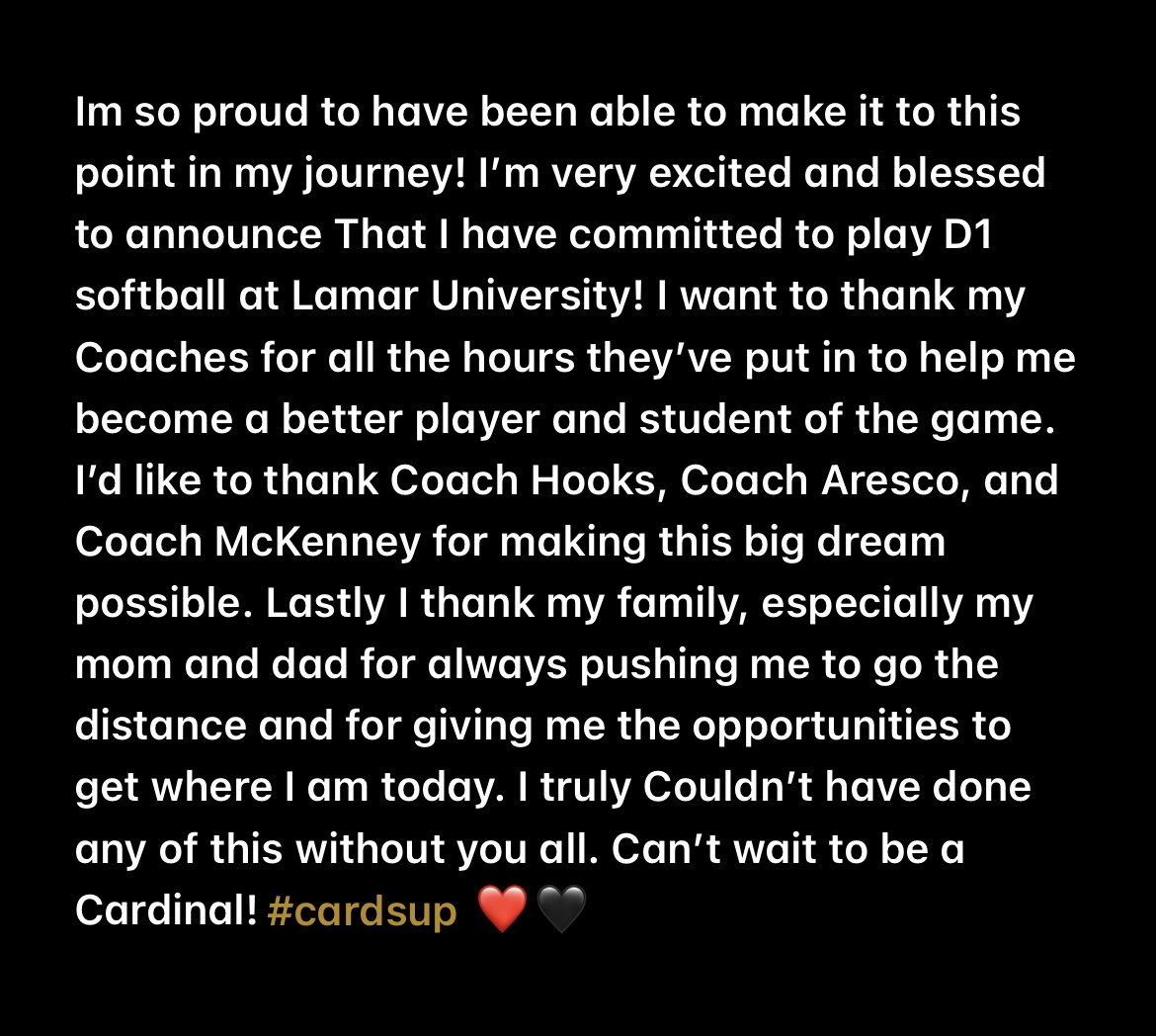 cimarawess's tweet photo. So excited for this next chapter!! ❤️🖤#cardsup #lamarsoftball @AmyHooks10 @anthony_aresco @CoachMcKenneyLU https://t.co/tzXG9j4csU