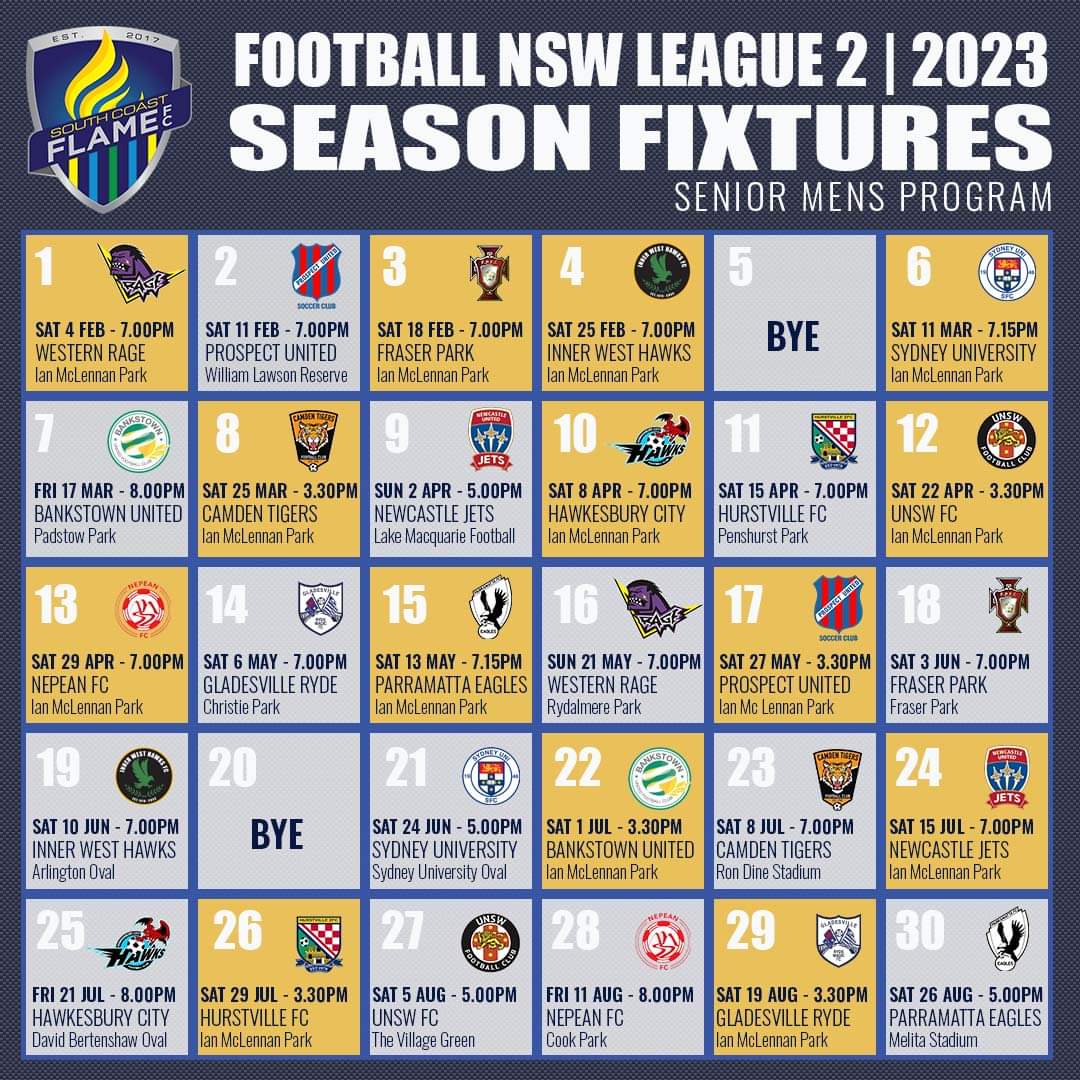 SCFlameFC's tweet photo. Check out the Senior Men's draw for 2023. Lock in some of these home game dates. 
Best wishes to both the Under 20 and First Grade teams. https://t.co/nLM7JZsXfN