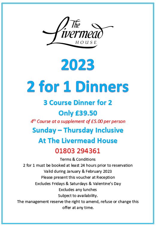 Our 2-4-1 offer is back! Don't miss out in February with our offer for a 3 Course Dinner for 2 people @ £39.50! #Torquay #Hotel #Torbay #Devon