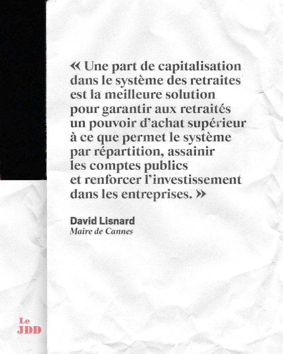 leJDD's tweet photo. [INTERVIEW] Le maire de Cannes, @davidlisnard préconise d’injecter une part de capitalisation dans le système par répartition : « La capitalisation, existe déjà en France et à l’étranger, ça marche; et notre système est dans une impasse.»

➡ https://t.co/53peX3s1yo https://t.co/ymrV8IFrbT