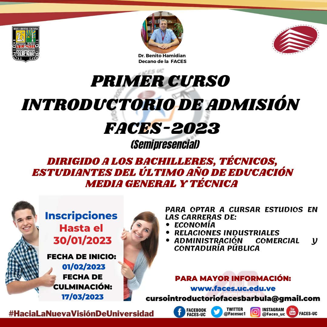 🚨En la #FACESUC, continúa el proceso de inscripción del 1er CURSO INTRODUCTORIO DE ADMISIÓN FACES-2023 como modalidad de ingreso para optar a cursar estudios en Economía, Relaciones Industriales, Administración Comercial y Contaduría Pública. 

Ingresa a: faces.uc.edu.ve