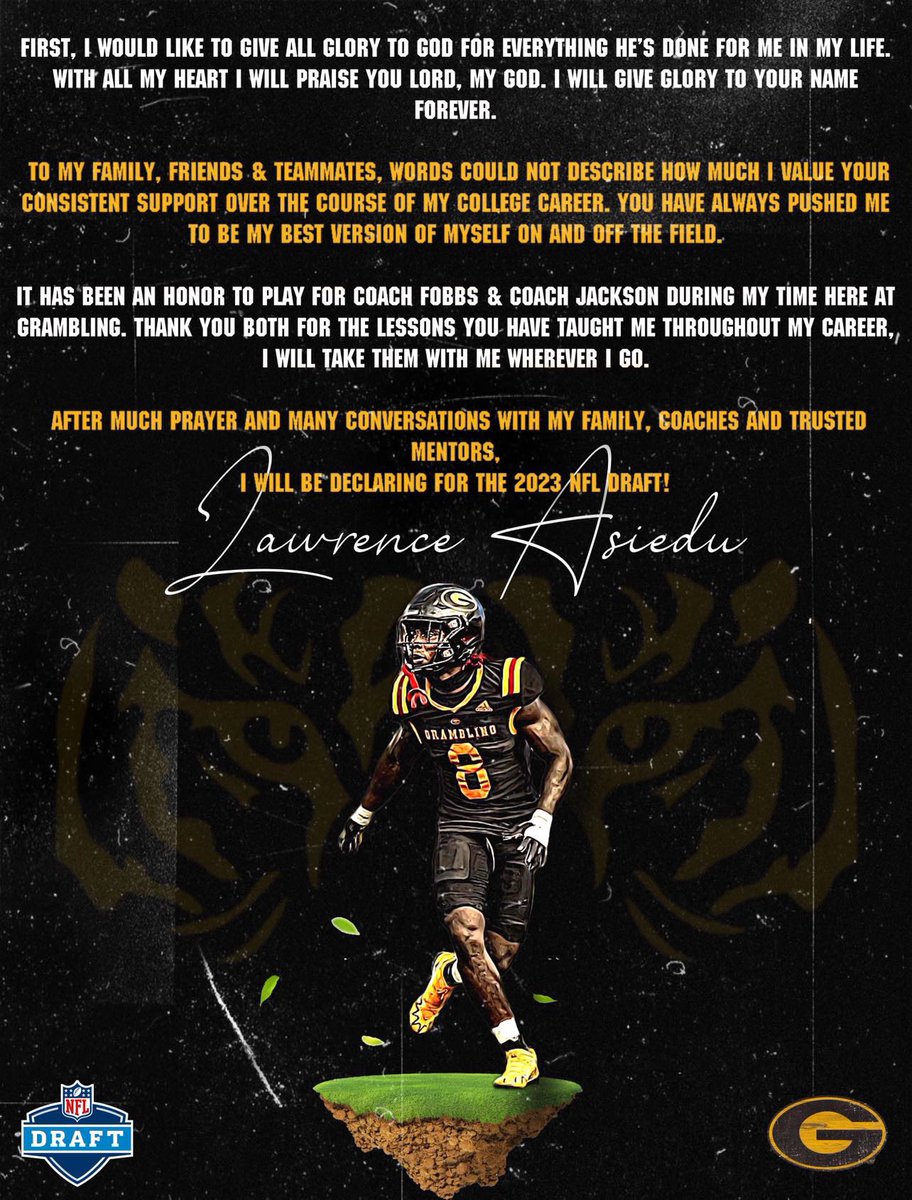 Grambling State University DB Lawrence Asiedu declaring for the 2023 NFL Draft
