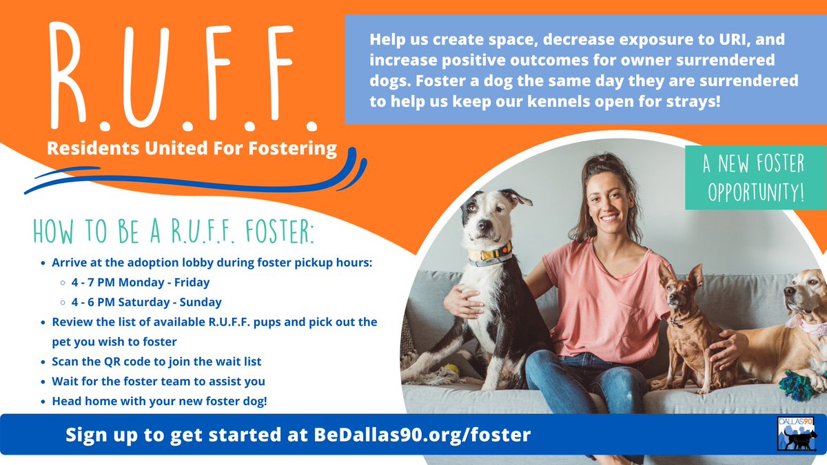 DallasShelter's tweet photo. Prevent an owner surrendered dog from ever having to spend a night in the shelter by becoming a R.U.F.F. foster. Apply to foster, then swing by the shelter to pick out your pup and take them home the same day. Sign up at https://t.co/qiXEmtqP6s and help us #BeDallas90 https://t.co/NBqHjQiITg
