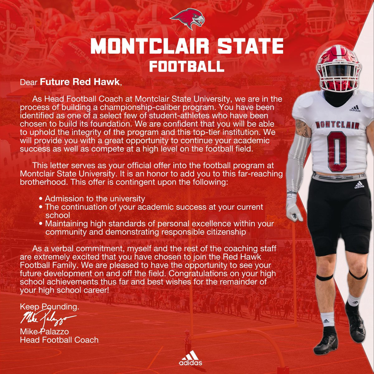 ZWaltsak's tweet photo. After a great visit today, I am excited to have earned a roster spot from @Montclair_FB! Thank you @CoachPalazz for having me! https://t.co/w1dtDP5o1T